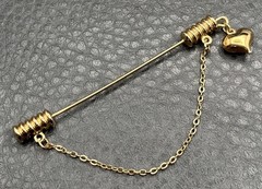 Vintage Gold Tone Stick Pin with Heart Charm Dangle & Chain