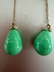 VTG Faux Jade Peking Glass Green Teardrop Dangle Clip Earring w/ Rhinestones 2”L