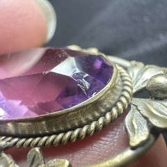 Antique Art Nouveau Pendant 2 Inch Roses Purple Faceted Mn Glass Glows Gold Fill