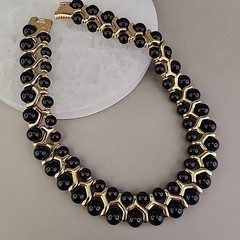 Vintage Beaded Necklace Black Gold Tone Collar Choker SHORT 14.5″