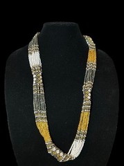 Vtg Beaded Multi Strands Necklace Boho Floral Ethnic Tribal Golden Silver Beads