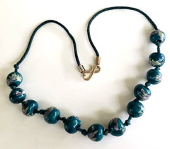Vintage Athens Teal Green Ceramic Bead Knotted Cord Choker Necklace 19.25″