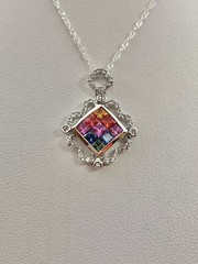 Vintage Rainbow Color Faceted Square Sterling 925 Diamond Shape Pendant Necklace