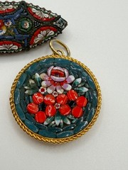 Vintage Italian Micro Mosaic Floral Brooch Hexagon Brass Pin & Pendant