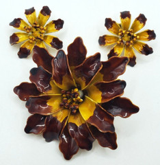 Vintage Large Brown and Yellow Enamel Flower Brooch & Clip On Earrings Beautiful