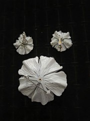 Vintage Enamel Flower Brooch & Clip Earrings Metal Set White Jewelry Rhinestones