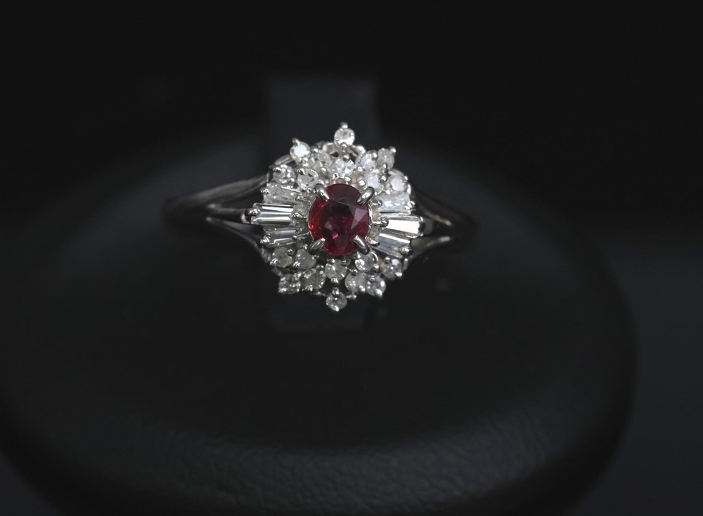 Vintage 0.30ct Intense Red Ruby & 0.24ct Diamond Platinum Ring Size 8, 3.71g