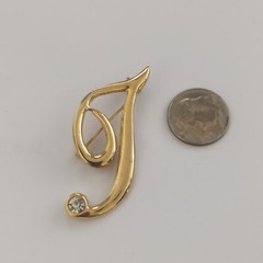 Vintage Brooch Letter I/J Name Initial Pin Gold Tone Rhinestone VTG Gift Retro