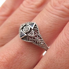 925 Sterling Silver Vintage Real Diamond & Sapphire Oxidized Ring Size 8.25