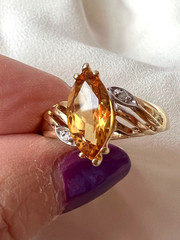VINTAGE SOLID 14K YELLOW GOLD MARQUISE NAVETTE GOLDEN HONEY CITRINE DIAMOND RING