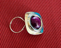 Vintage Scarf Clip Silver Tone Purple Domed Cabochon Ring Style Rounded Square
