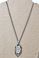Vintage Silver Tone Hexagon Pendant 24″ Necklace w/ Clear Cameo Profile Resin