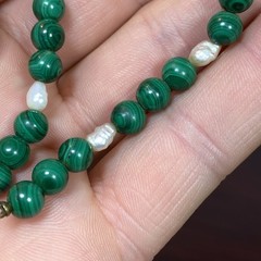 VTG Round Malachite Beads (No Clasp) Fresh Water Pearls Segment Bracelet 6-3/8”