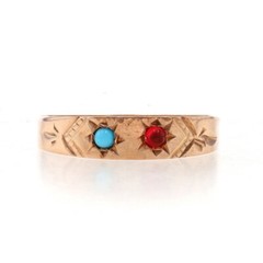 Yellow Gold Garnet Simulated Turquoise Victorian Two-Stone Ring 10k Antique1 3/4