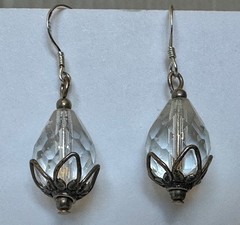 VINTAGE FACETED CLEAR TEARDROP GLASS with Beadcaps 7/8 of 1 earrings