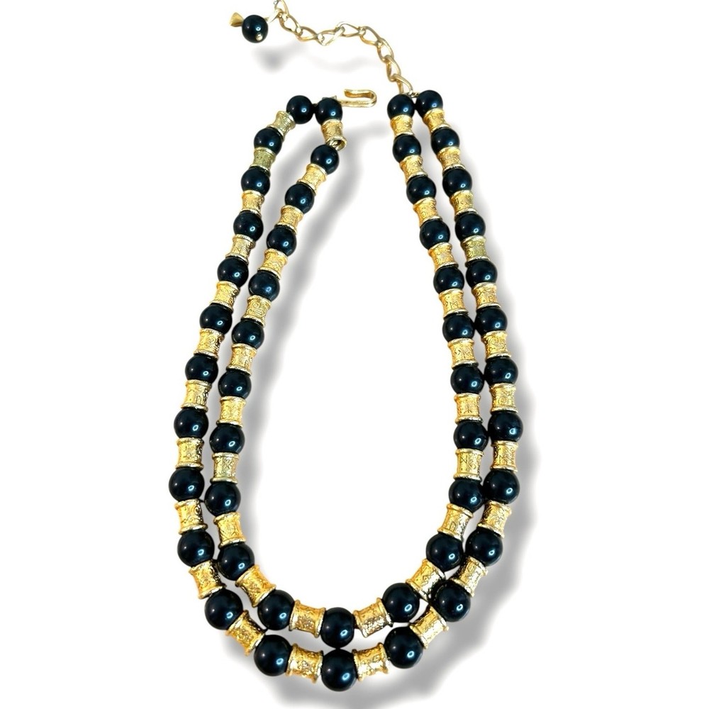 Vintage Signed LCI Liz Claiborne 2 Strand Black Beaded Gold Tone Necklace 1980s