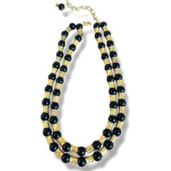 Vintage Signed LCI Liz Claiborne 2 Strand Black Beaded Gold Tone Necklace 1980s