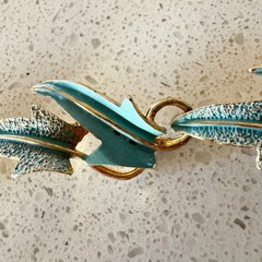 1960’s Signed Mode Art Light Blue Enamel Leaves Bracelet Necklace Clip Earrings