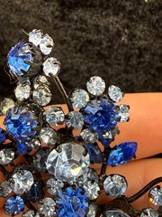 Vintage Austria Rhinestone Flower Brooch Blue Black Enamel READ
