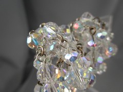 NICE Vintage Dangling Beaded Clear AB Faceted Crystal Clip on Earrings 195D