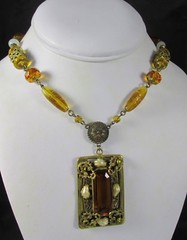 Old Czechoslovakia Art Glass Amber&Brass Beaded Necklace Large Filigree Pendant