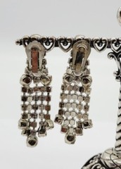 Crystal Chandelier Clip On Earring FRINGE Dangle Rhinestone Silver tone 2.25 in