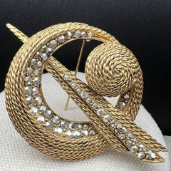 Florenza Vintage Gold Tone Rhinestone Orbit Swirl Brooch Textured 3” Modernist
