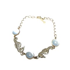 Vintage Sterling Silver Opalite Fish Bracelet Adjustable 6.5” Koi Moonstone Sty