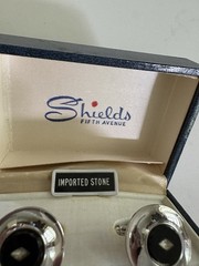 Shields Vintage Silver Tone Black Round Cufflinks Bullet Back Rhinestone Accent