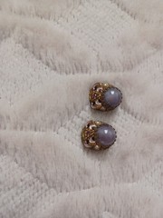 Vintage West Germany Purple Glass Cabochon Gold Tone Clip On Earrings