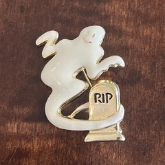 Vintage Halloween White Enamel Ghost And Tombstone Brooch Signed SFJ