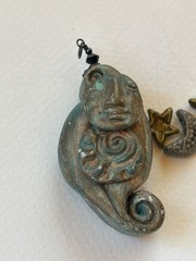 Handmade Green & Gold Polymer Clay Celestial Face & Star & Moon Charms Pendant –
