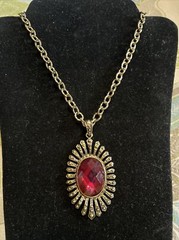 VTG 1928 Jewelry Pendant Necklace Pink Faceted Glass Cabochon Brass Tone