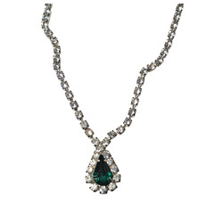 Vintage Rhinestone Choker Neckace/Earrings Set Green Teardrop Silver Tone Bridal