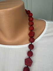 Vintage Chinese Cinnabar Carved Red Bead Necklace & Earrings Set