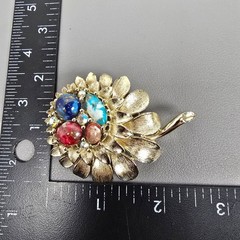 4 Vintage Aurora Borealis Rhinestone Crystal & Floral Brooches Gold/Silver Tone