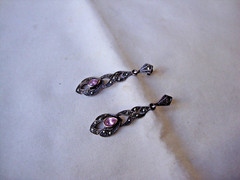VINTAGE OPENWORK TEARDROP PINK TOPAZ W/MARCASITE SILVER 925 DANGLE STUD EARRINGS