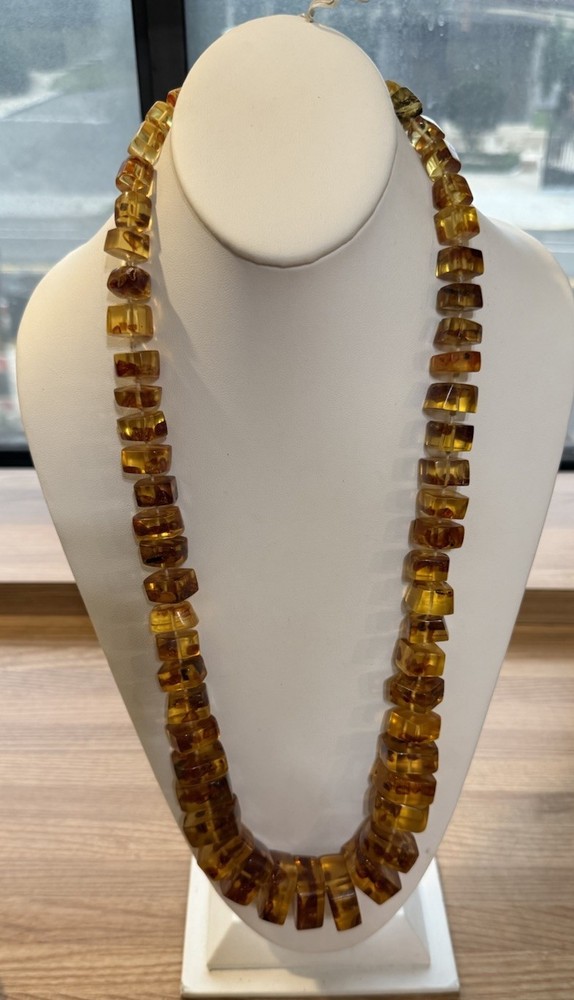 Baltic Square Graduating Honey Amber Vintage Necklace Mid Century 29 inches Long