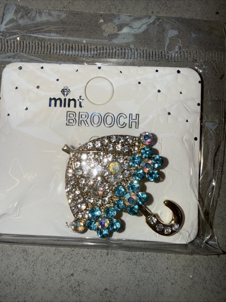 Mint Umbrella Brooch Pin Aqua & White Crystals Rhinestones