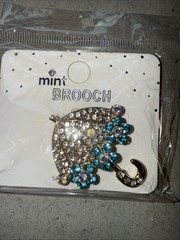 Mint Umbrella Brooch Pin Aqua & White Crystals Rhinestones