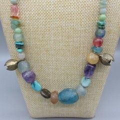 Vintage Stone Necklace Beaded 2 Bells Multicolor 24 Inch