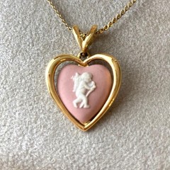 Wedgwood Jasperware Heart Necklace Pink Angel Cameo Pendant with Box Vintage