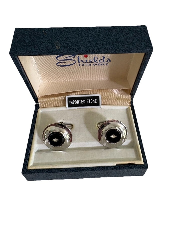 Shields Vintage Silver Tone Black Round Cufflinks Bullet Back Rhinestone Accent