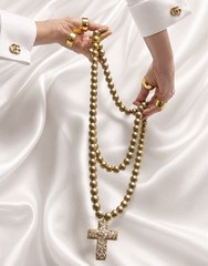 Vintage Original Shattered Fine Art Glass Cross Gold Wood Prayer Beads Necklace