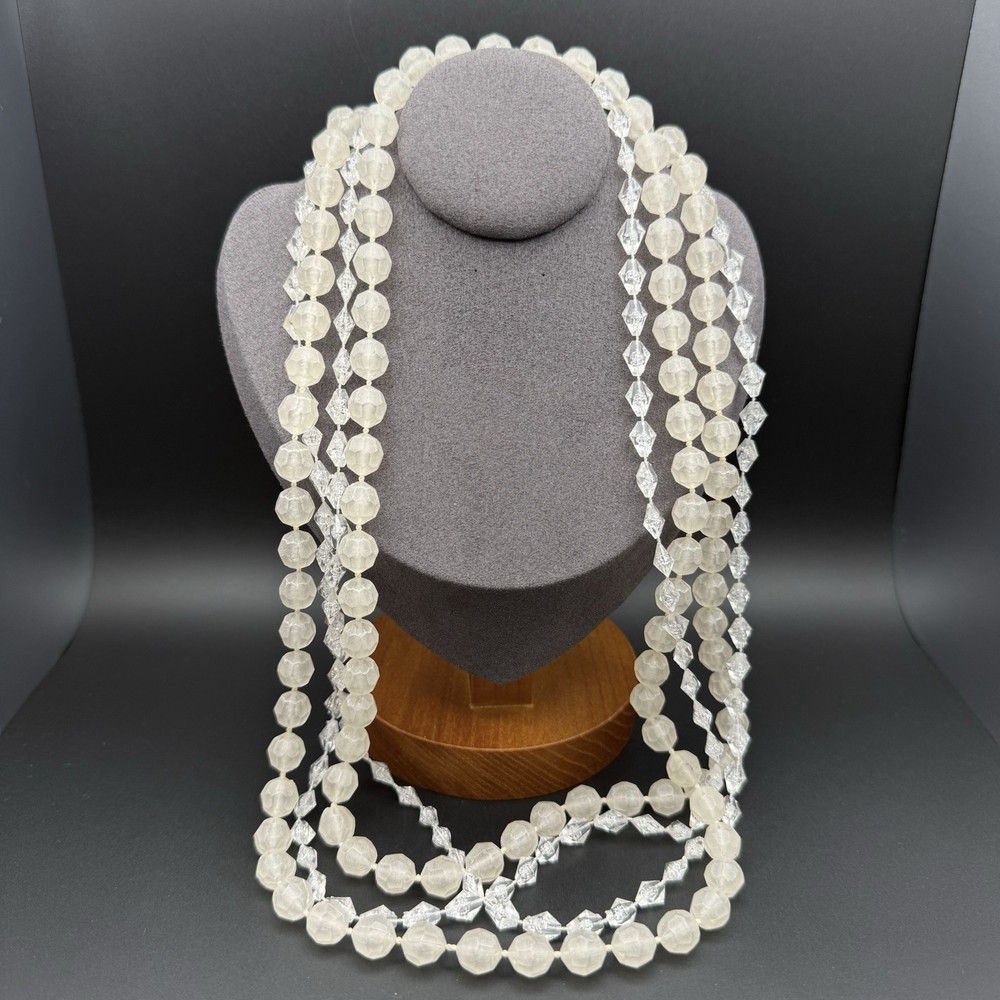Vintage Frosted Lucite Beaded Necklace Multi Strand Clear Faceted Crystal Style