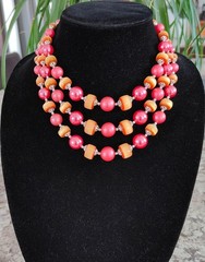 Vintage Japan 3 Strand Pink Apricot-Orange Bead Statement Choker Necklace 1950s