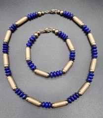 VINTAGE LAPIS LAZULI AND GILT STERLING SILVER SET NECKLACE AND BRACELET HM JMS