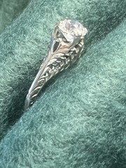 Antique Art Nouveau Solitaire Diamond Ring, 18K White Gold Filigree, Old Europea