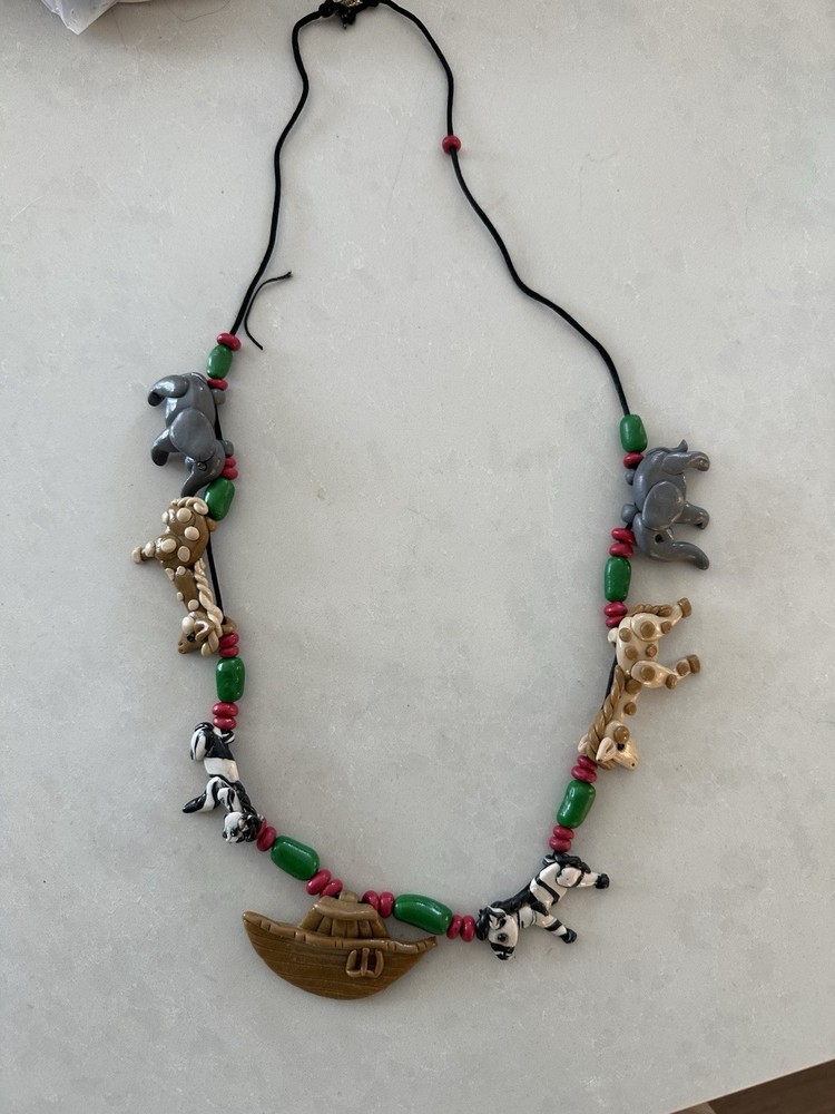 Vintage 1986 Noah’s Ark Polymer Clay Animal Necklace — Signed “Joy 86”
