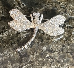 2 vintage unbranded Clear Rhinestone brooches in silvertone: G Clef & Dragonfly